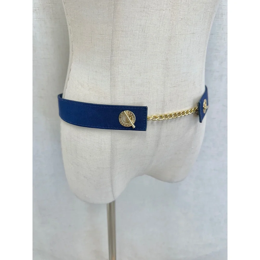 Ralph‎ Lauren Navy Blue Grosgrain Gold Chain Toggle Belt One Size Adjustable
